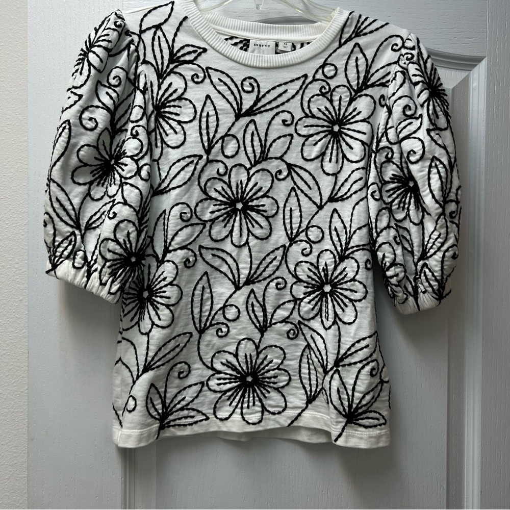 Maeve Embroidered Floral Balloon Sleeve Short Sleeve Shirt Sz XS